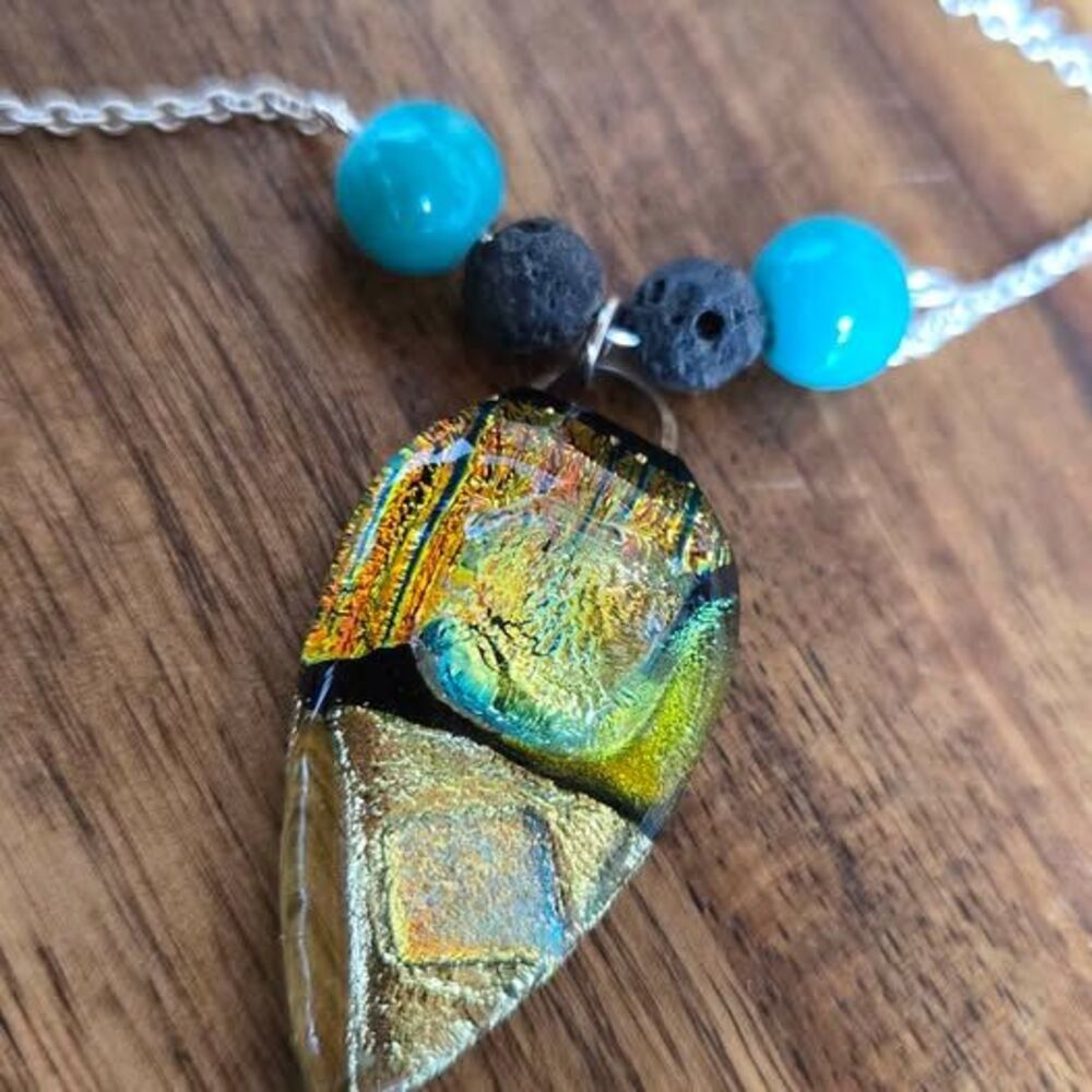 Handmade Aromatherapy Necklace Dichroic Glass Turquoise Lava Bead 20 Inch Boho - Picture 4 of 6